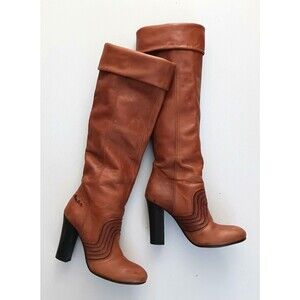 VTG Y2K Miss Sixty Caramel Brown Tall Boot High Block Heel Cuff EU 36 US 5.5/6